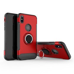 iPhone Xs Max 360 Rotating Ring Stand Hybrid Case with Metal Plate (Red)